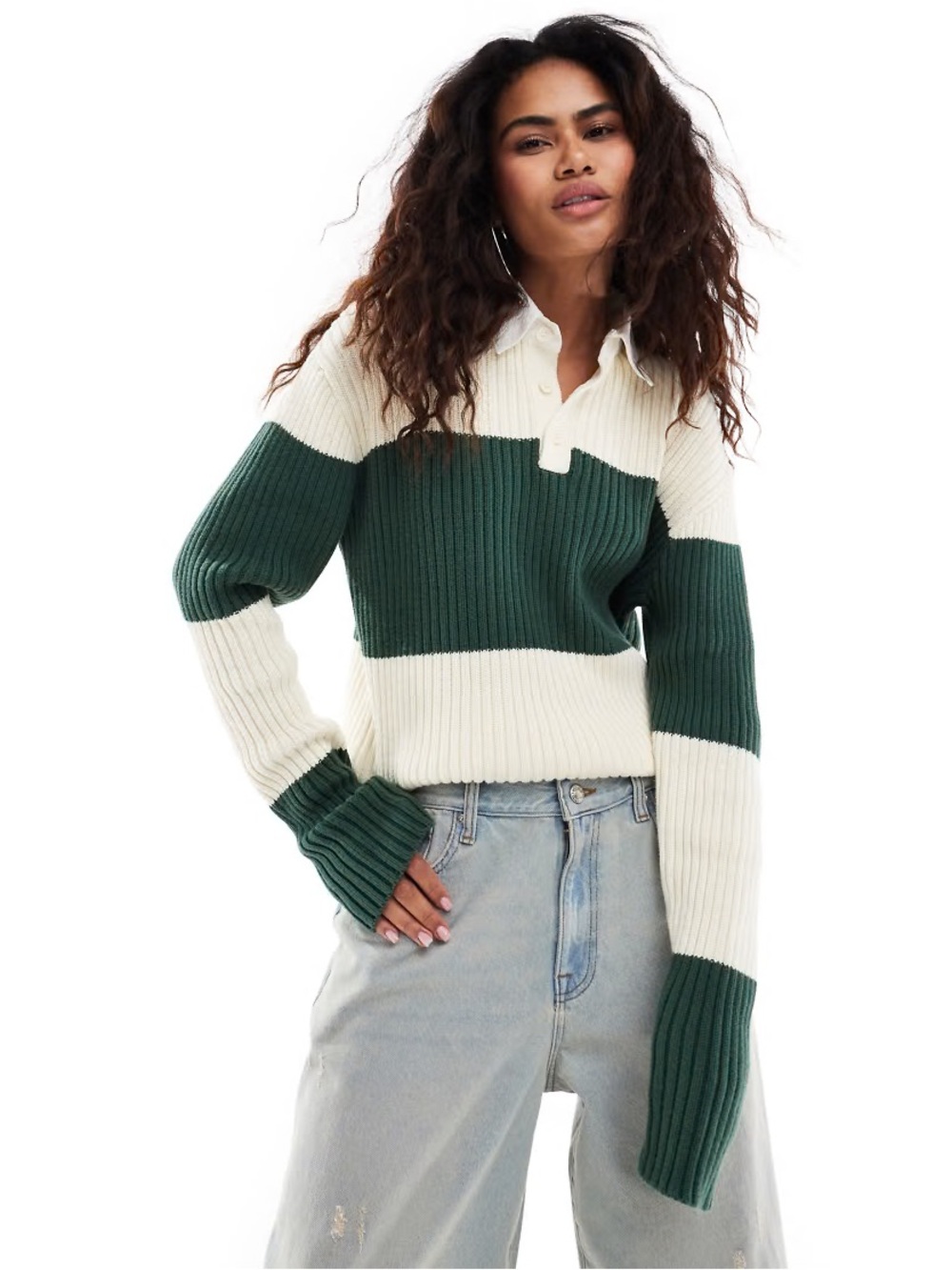 Lioness Prince Rugby Sweater Top in Moss Stripe Green White Collared XS